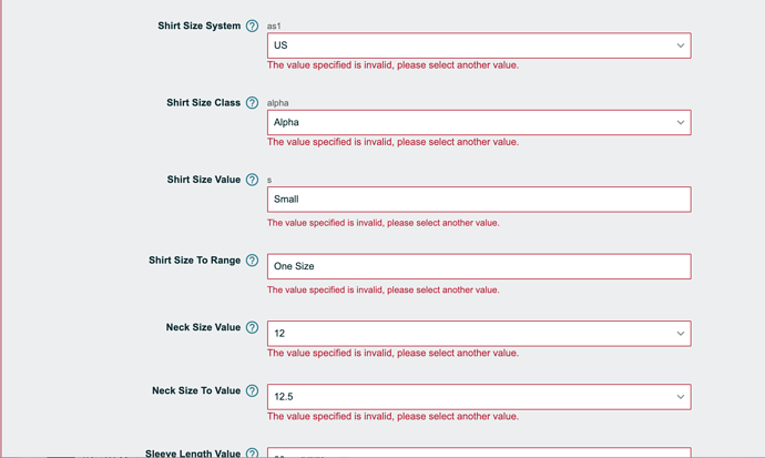 Apparel Size Body Type The value specified is invalid, please select ...
