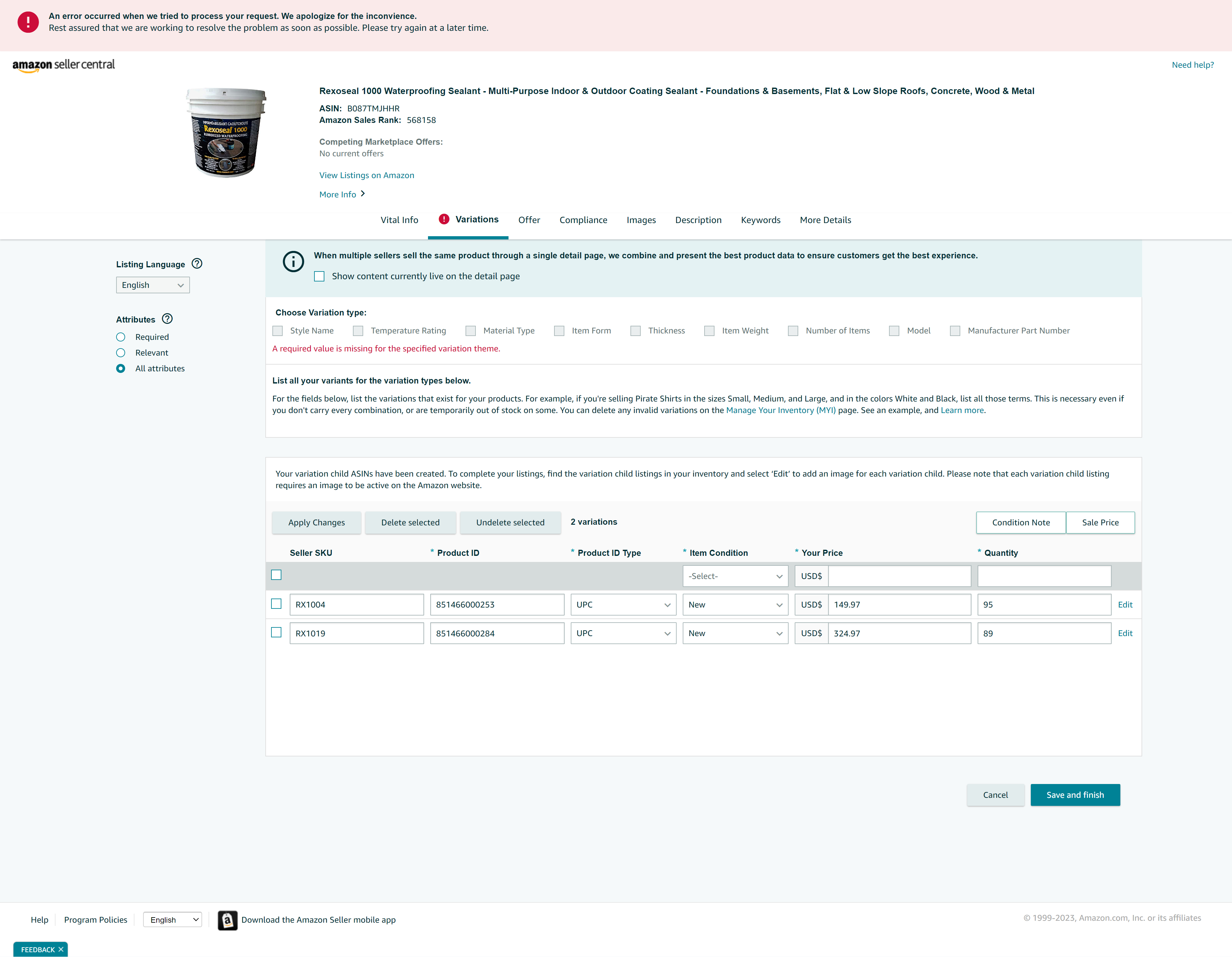 Cannot Edit my Variation Listings through Seller Central Getting an Error