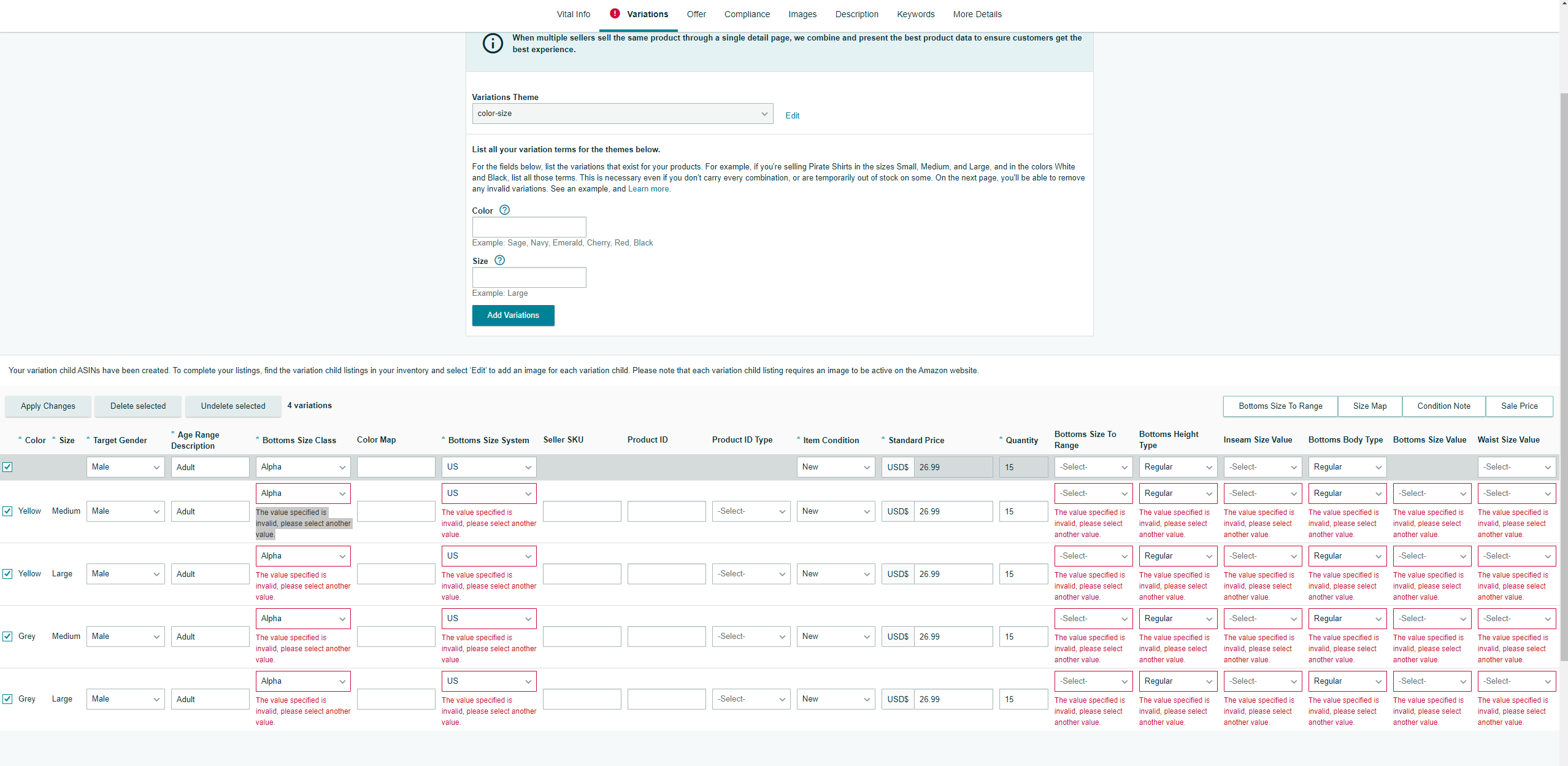Help with error adding variations: "The value specified is invalid ...