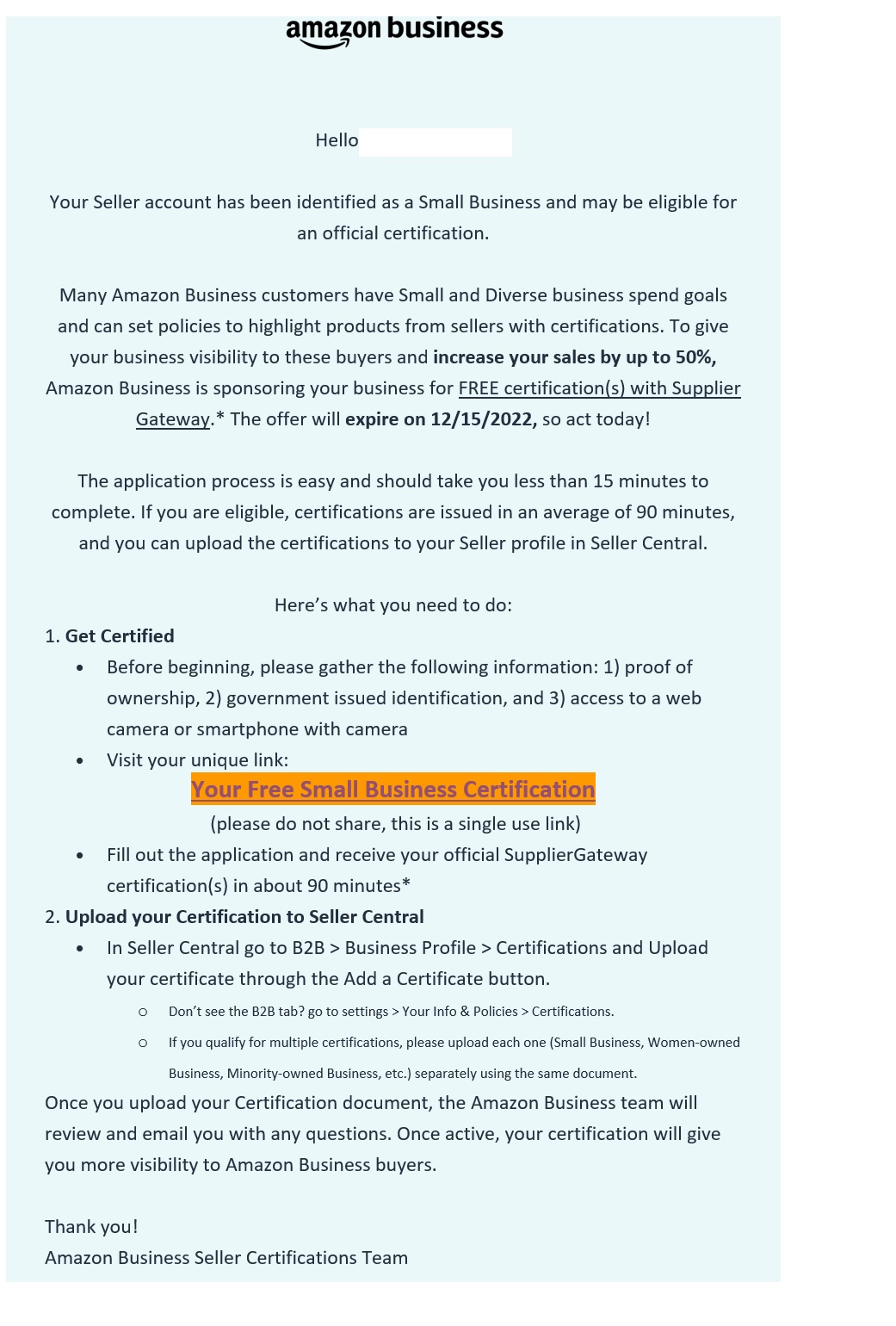 Small Business Certification from Amazon